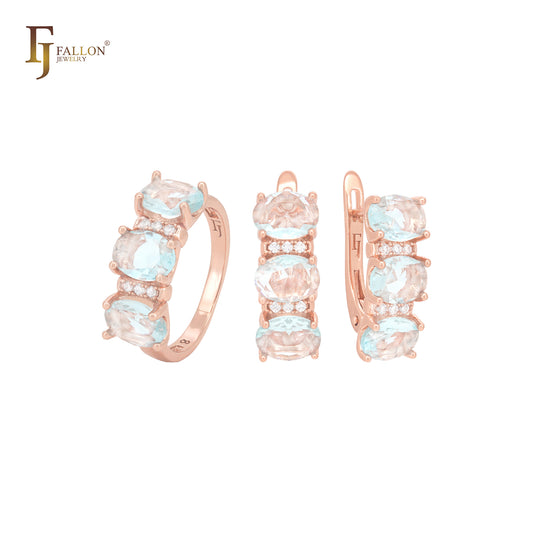 Dreifach ovale seeblaue Zirkonia mit weißen Zirkonia-Steinen, Roségold-Schmuckset mit Ringen
