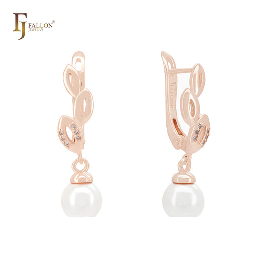 Pearl and leaves drop earrings in 14K Gold, Rose Gold two tone plating colors