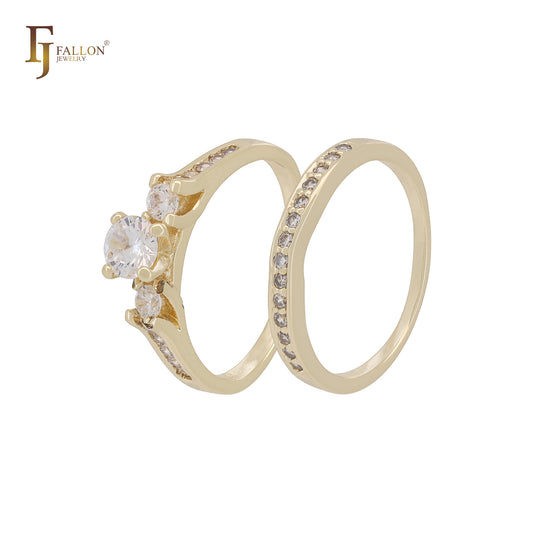 Cluster White CZs 14K Gold Wedding Set Rings