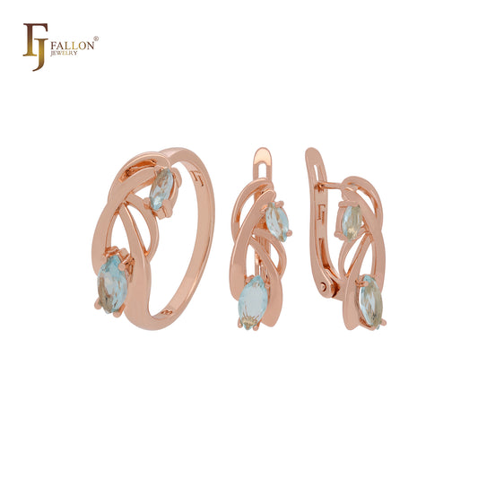Zweige aus doppeltem seeblauem Marquise-CZs-Schmuckset aus Roségold mit Ohrringen