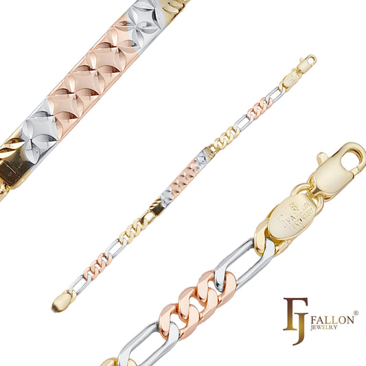 Figaro link 14K Gold, two tone, three tone Cross Leafing Engraved ID Men's bracelets
