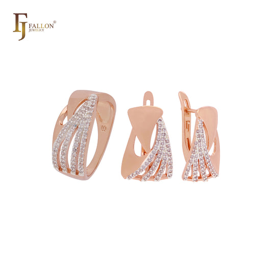 Ribbons ineinandergreifende weiße Zirkonia zweifarbiges Roségold-Schmuckset mit Ringen