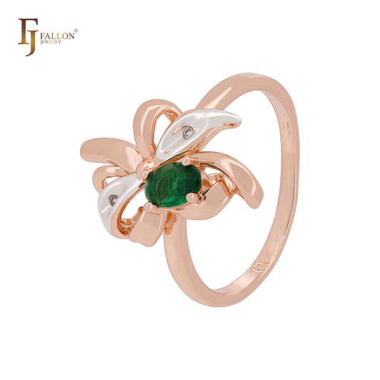 Cinta de flores y hojas lujosos anillos de moda de dos tonos en oro rosa verde esmeralda