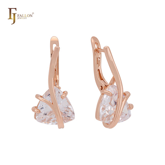 Elegant branch clawed solitaire triangular white CZ Rose Gold Russian Lock Earrings