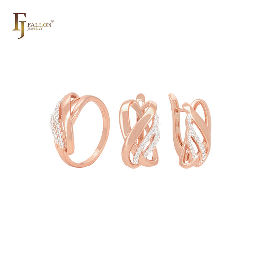 🔥 Multi rows interlocking white CZs ribbons Rose Gold two tone Jewelry Set with Rings