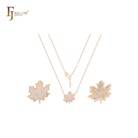 Ahornblätter mit weißen Zirkonia-Clustern, 14 Karat Gold, Roségold-Halskette