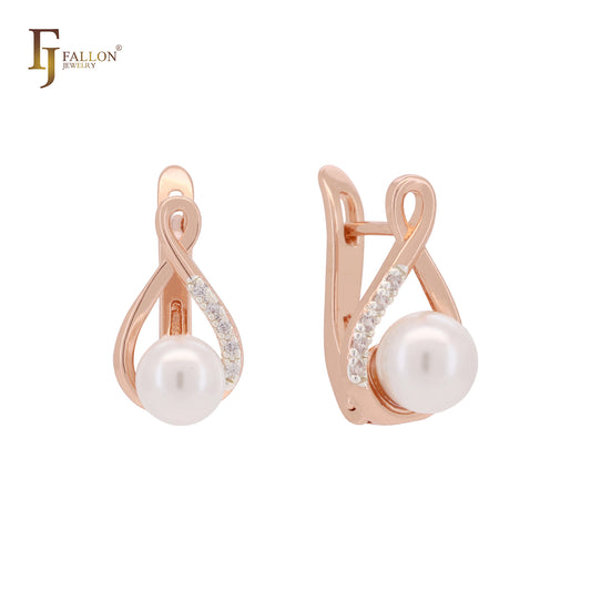 Pearl with white CZs minimalism Rose Gold two tone Russian Lock Earrings