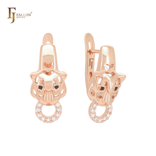 Leopard of circle white CZs and black eyes Rose Gold Russian Lock Earrings