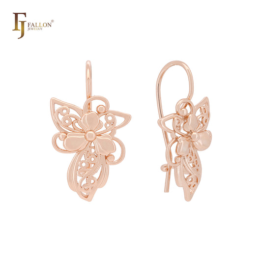 Flower of Butterfly Filigree shaped Rose Gold Wire Hook Earrings