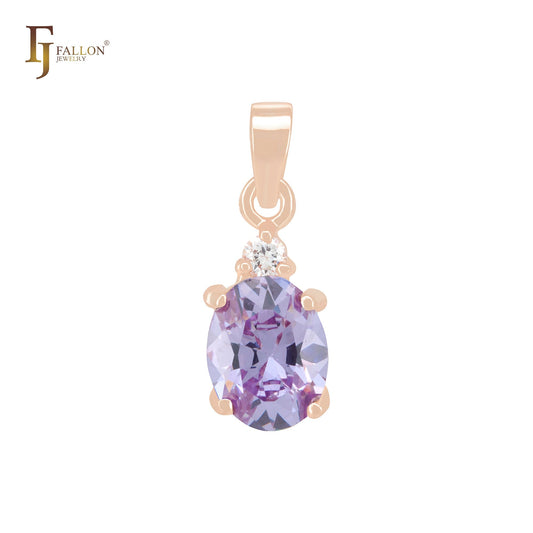 Colorful Solitaire CZs Oval Cut 14K Gold, Rose Gold Pendant