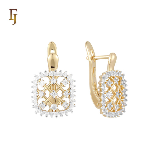 Cluster white Czs mesh Filigree 14K Gold two tone Russian Lock Earrings