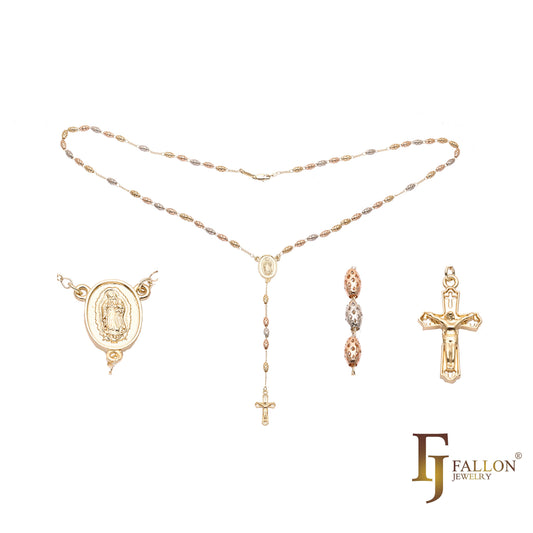 Italian Virgin of Guadalupe Catholic (Hollow Cut-Out Oval Beads) 14K Gold two tone Rosary Necklace