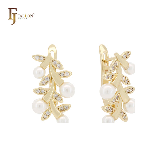 Branches of pearls 14K Gold, Rose Gold, White Gold Russian Lock Earrings