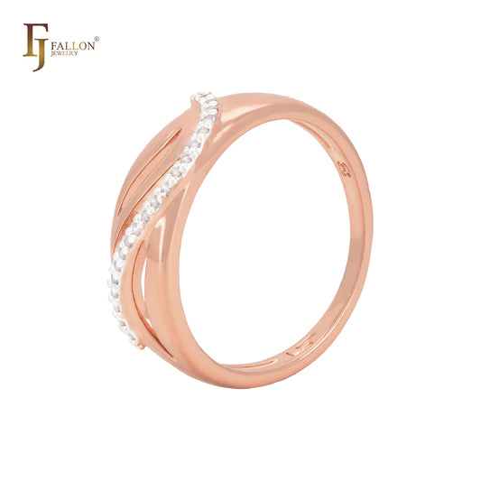Anel elegante de zircônias cúbicas brancas em ouro rosa e dois tons
