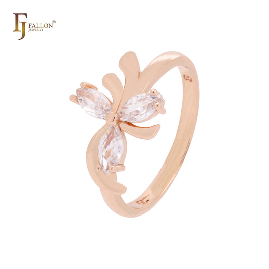 Anéis da moda em ouro rosa com zircônias cúbicas brancas e flor de borboleta