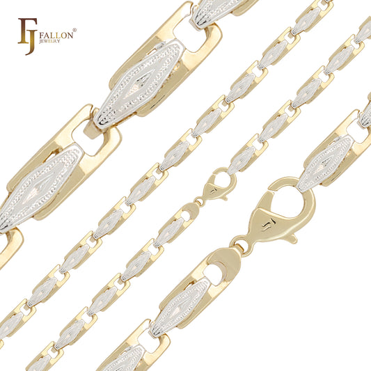精美扣环和菱形链环 14K 金双色手链和链条项链