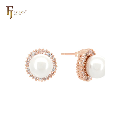 Halo Cluster CZs solitaire Pearl Rose Gold Stud Earrings