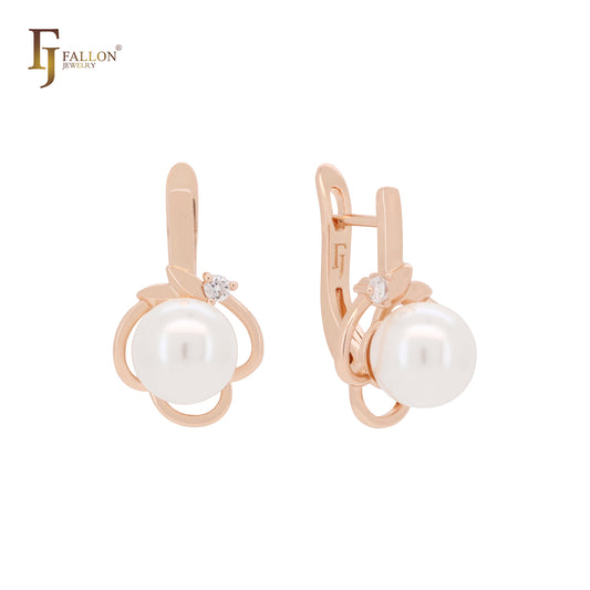 Elegant leaves and pearl Rose Gold Russian Lock Earrings