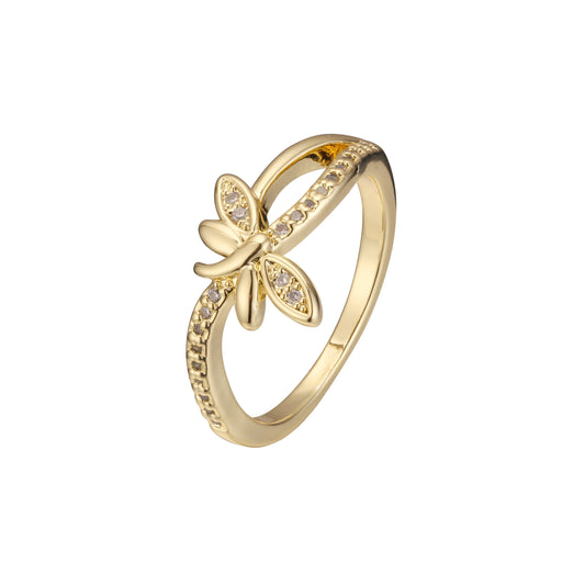 14K Gold dragonfly rings paving