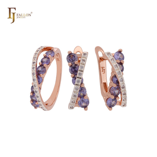 Conjunto de joias em dois tons de ouro rosa com anéis e faixas cruzadas de zircônias cúbicas brancas e roxas pavimentadas
