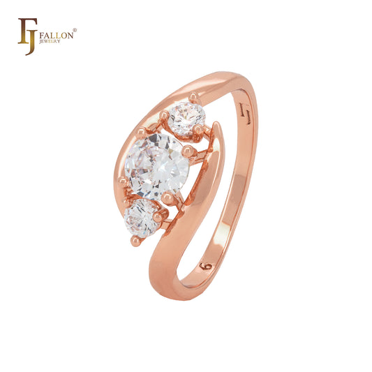 Anéis elegantes de ouro rosa com garras triplas de zircônias cúbicas brancas