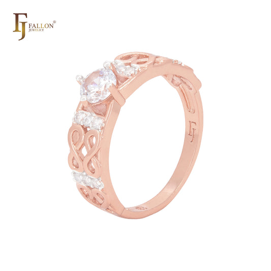 Anéis de moda em ouro rosa com 8 sinais duplos de infinito e zircônias cúbicas brancas