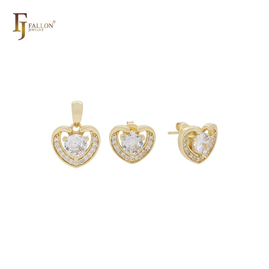 Kleines Schmuckset aus 14 Karat Gold mit weißem Zirkonia in Herzform, Anhänger und Ohrstecker