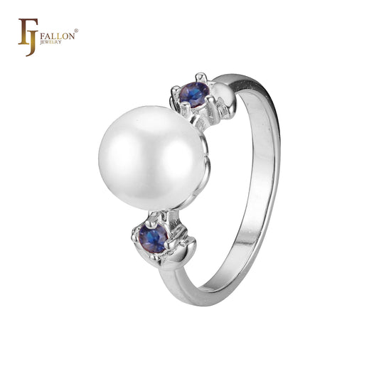 Solitaire pearl sided with 2 stones rings in 14K Gold, Rose Gold plating colors