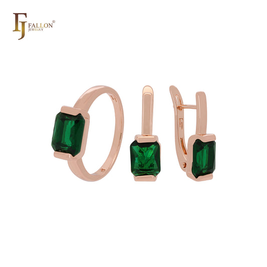 Solitär-Schmuckset aus Roségold mit smaragdgrünem Zirkonia im Prinzessschliff und Ringen