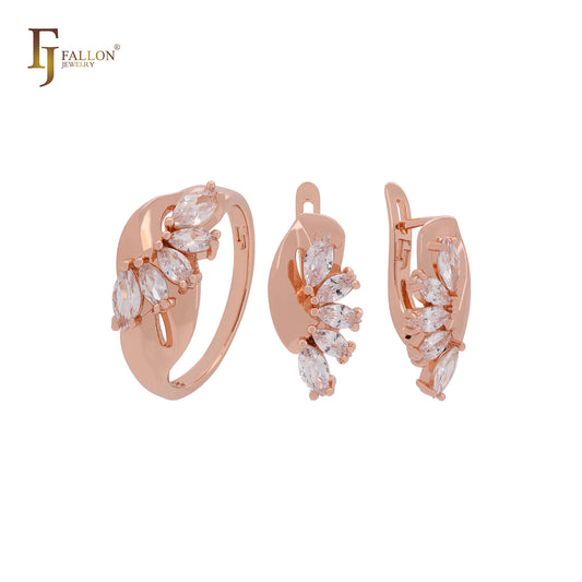 Lujoso conjunto de joyas de oro rosa con circonitas cúbicas en racimo de marquesa, color amarillo oliva o blanco, y anillos.