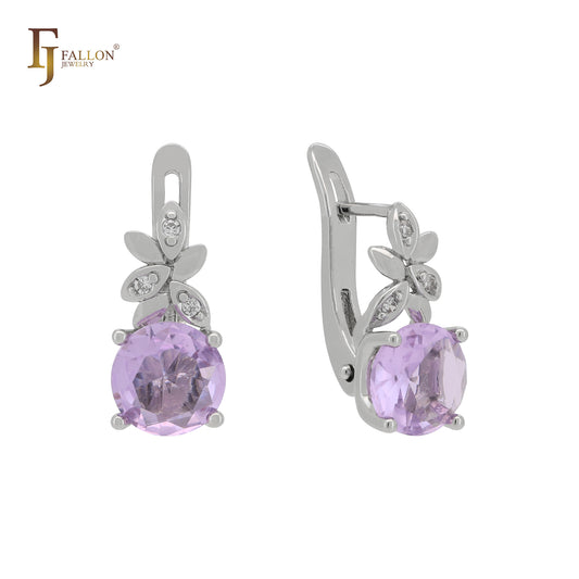 Flower branches solitaire rounded cz Rose Gold, 14K Gold Russian Lock Earrings