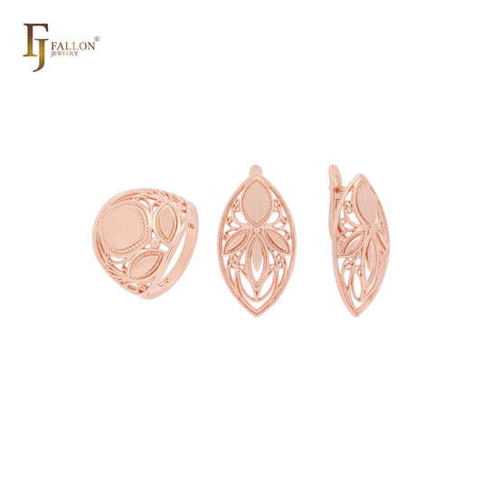 Conjunto de joias de ouro rosa com filigrana de marquise e anéis