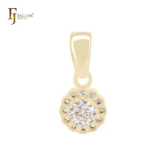Halo Rounded white CZs 14K Gold Solitaire Pendant