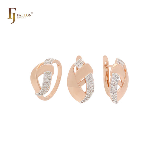 Überlappende Bänder aus weißen Zirkonia, zweifarbiges Schmuckset aus Roségold mit Ringen