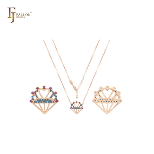 Herz mit Diamantzeichen aus bunten Zirkonia 14 Karat Gold, Roségold-Halskette