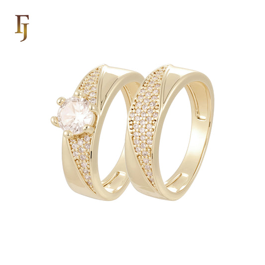 Slash of white CZs paved 14K Gold, Rose Gold Wedding Set Rings