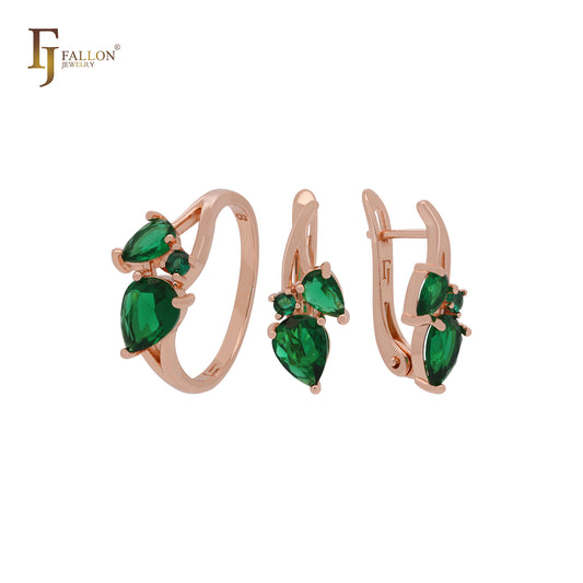 Zweige aus smaragdgrünen Zirkonia-Clustern, Roségold-Schmuckset mit Ringen