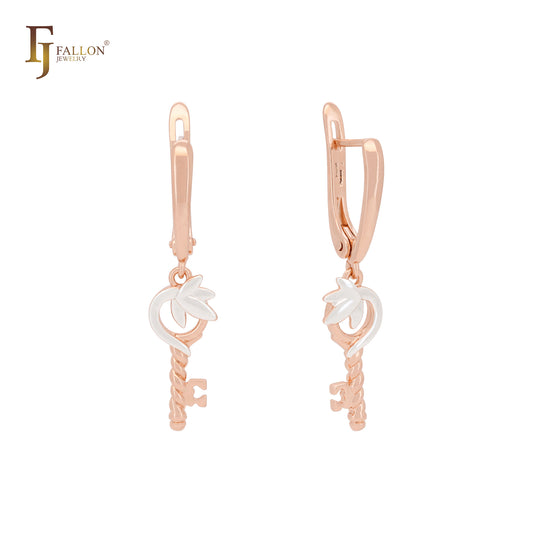 Key of spinning leaves Rose Gold two tone Russian Lock Earrings