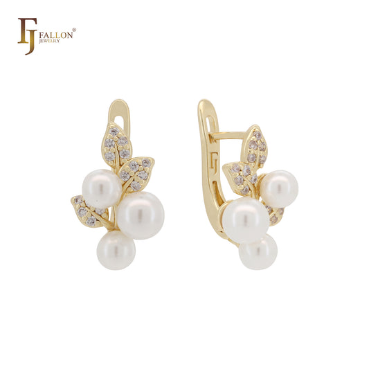 Triple pearls and leaves 14K Gold, Rose Gold, two tone Russian Lock Earrings