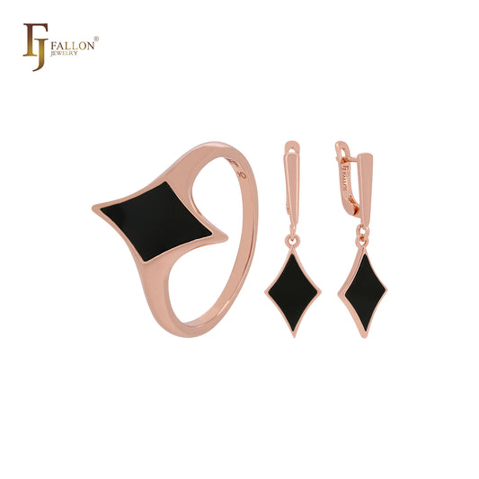 Conjunto de joias em ouro rosa com losango preto pintado e anéis