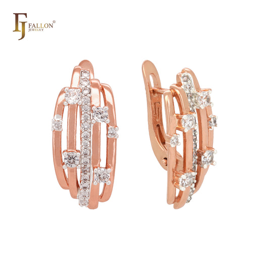 Parallel white CZs cluster geometric Rose Gold Russian Lock Earrings