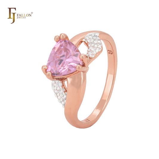 Anéis da moda em ouro rosa com zircônia cúbica solitária triangular e zircônias cúbicas brancas