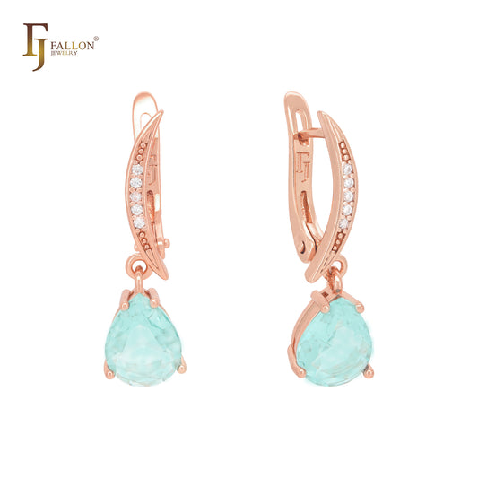 Moon shape with Pear white Solitaire CZ Rose Gold Russian Lock Earrings