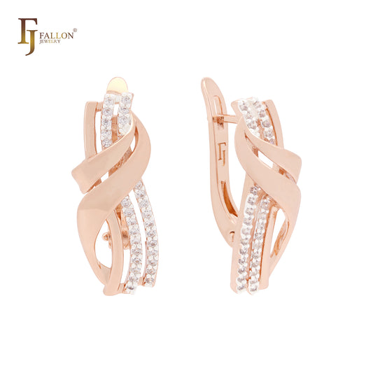 Layers interlocking ribbons white CZs Rose Gold two tone Russian Lock Earrings
