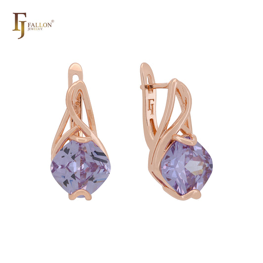 Elegant cushion cut solitaire CZ Rose Gold Russian Lock Earrings
