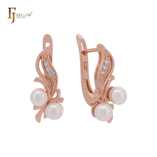 Double pearls on an elegant leave Rose Gold Russian Lock Earrings