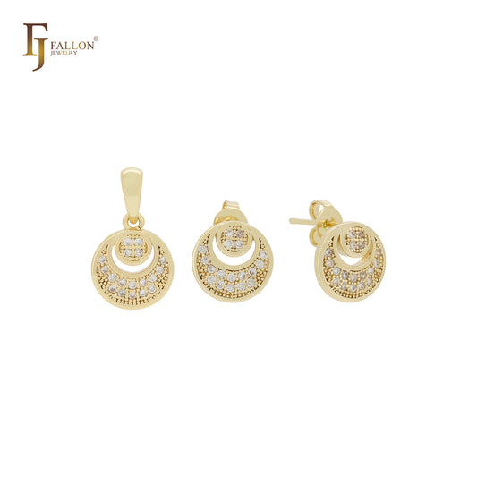 Kleines, kleines, abgerundetes Schmuckset aus 14 Karat Gold mit weißen Zirkoniasteinen in Mondform, Anhänger und Ohrstecker