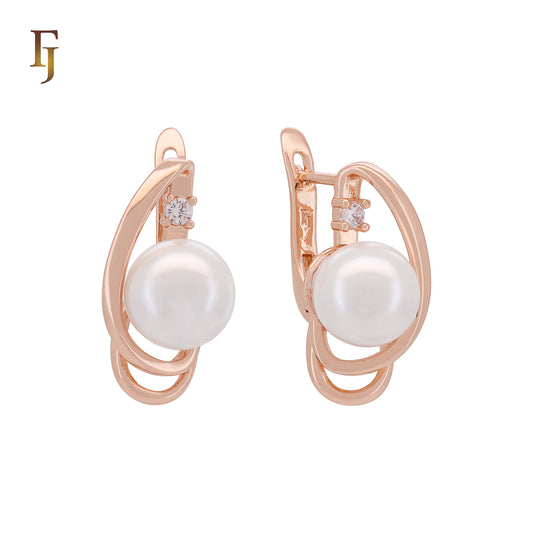 Classic Pearl Russian Lock Earrings with CZ Accent | Size 11.6ร21.8mm | FJ Jewelry