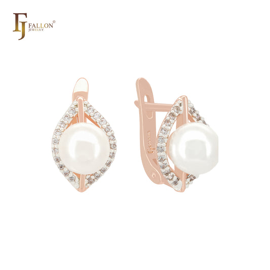 Teardrop Russian Lock Earrings with Pearl and CZ โ Rose Gold Design by FJ Jewelry