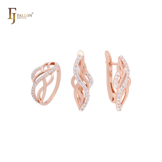 Conjunto de joyas de oro rosa de dos tonos con mil bandas de circonitas blancas pavimentadas y anillos